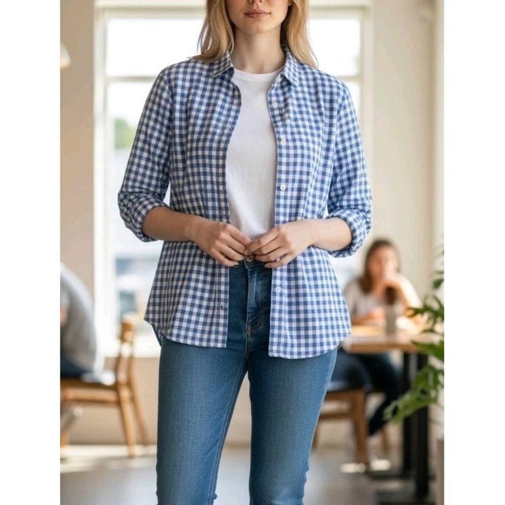 UNTUCKit Sz 0 NWT‎ 100% Cotton Gingham Button-Up Shirt Preppy Spring Summer Blue
